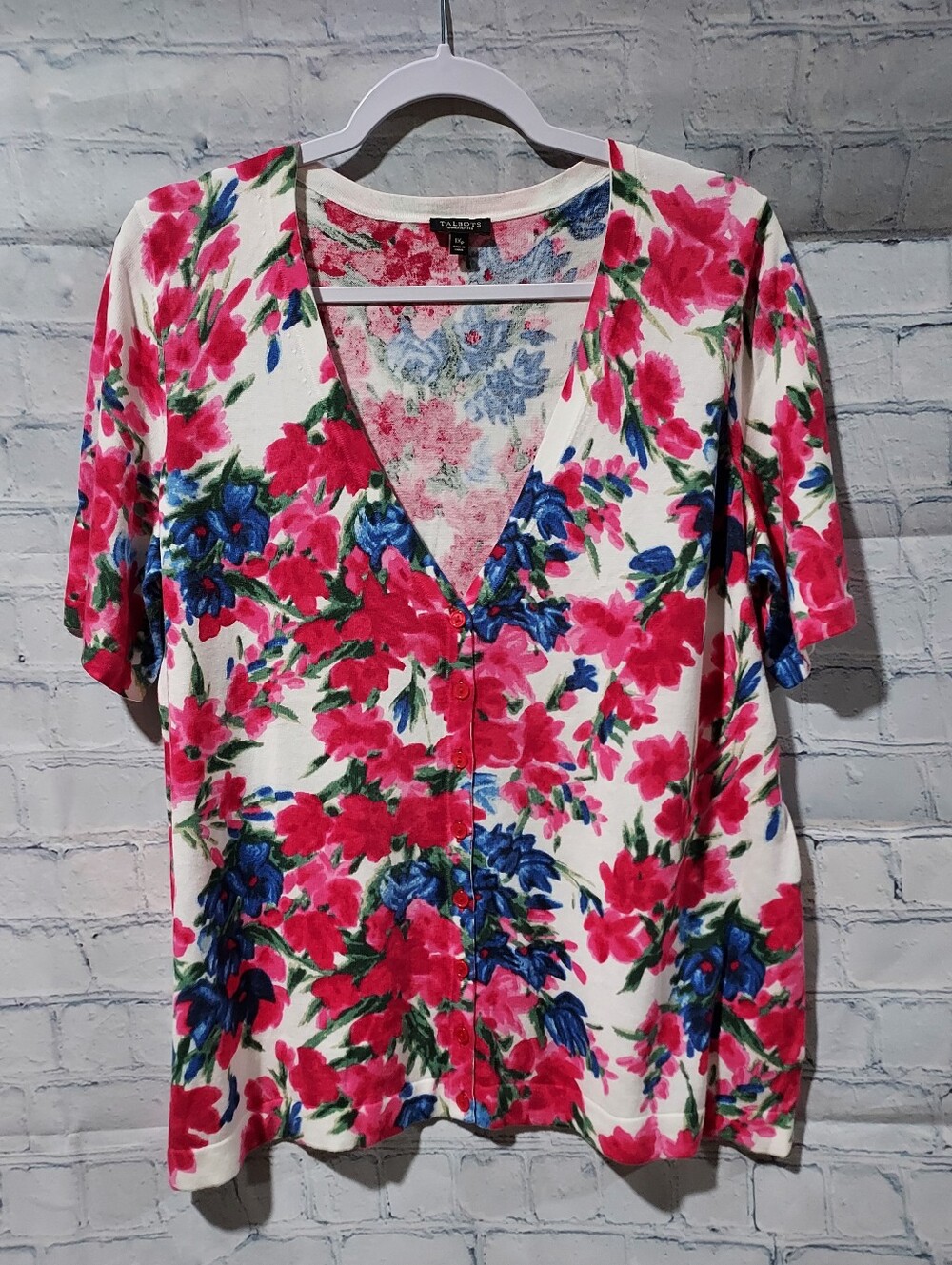 Talbots 1XP Petite V-neck Sweater Cardigan Floral White Blue Pink Short Sleeve